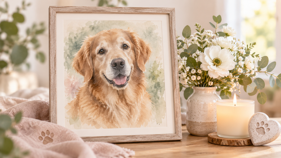 Gentle memorial pet portrait displayed with white flowers and a candle