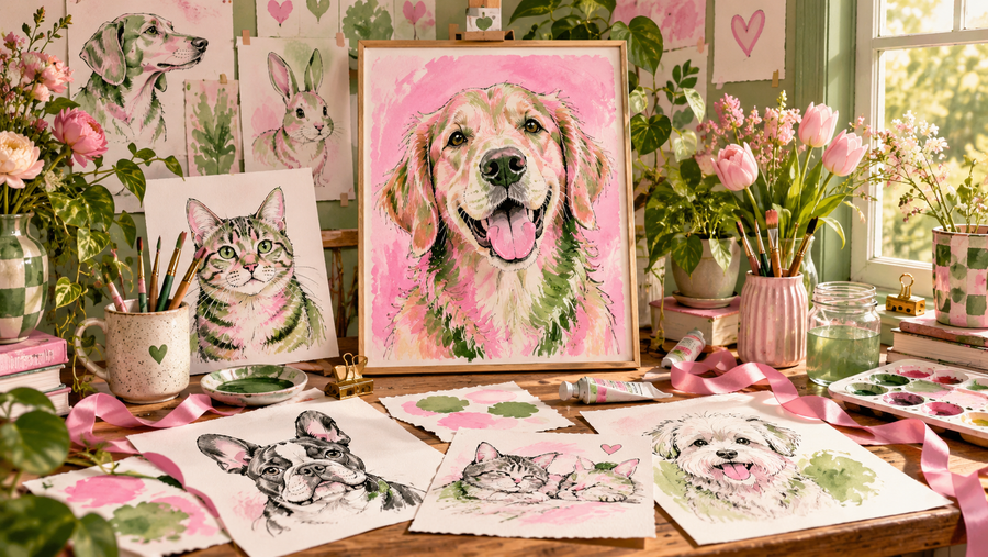 Pink and green pet portrait artist studio filled with colourful doodles