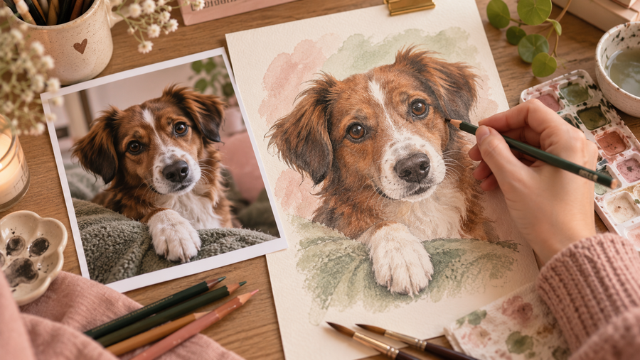 Artist comparing a dog photograph with a detailed hand-drawn pet portrait