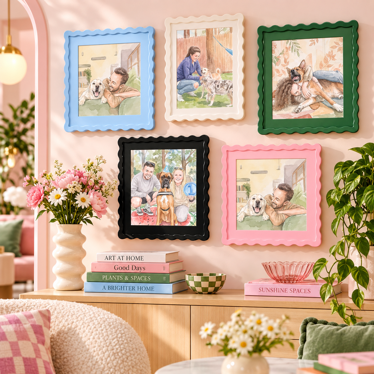 Colourful wavy gallery frames displaying separate complete Lala's Marie portraits