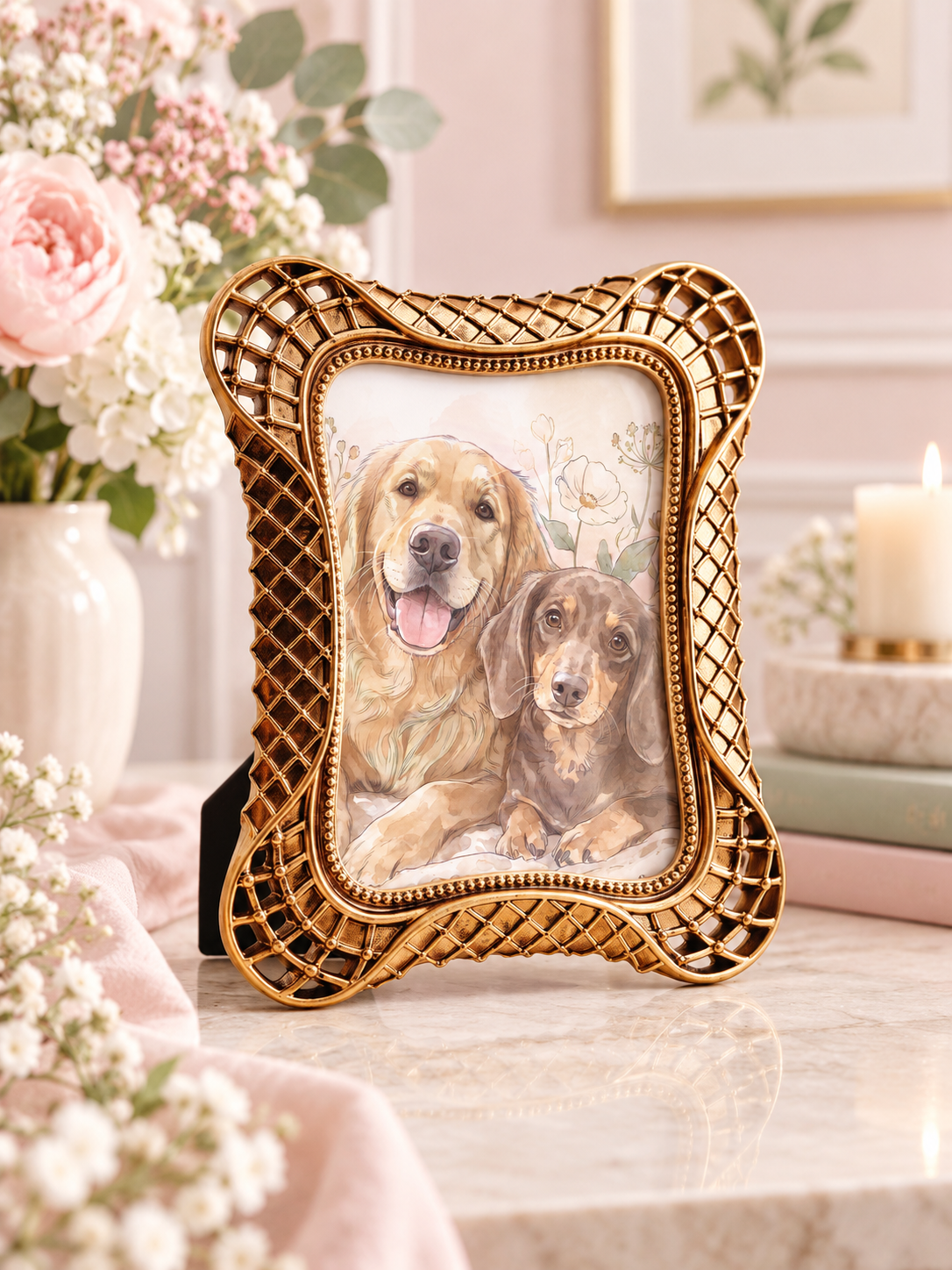 Gilded hollow lattice double arch photo frame with pet artwork