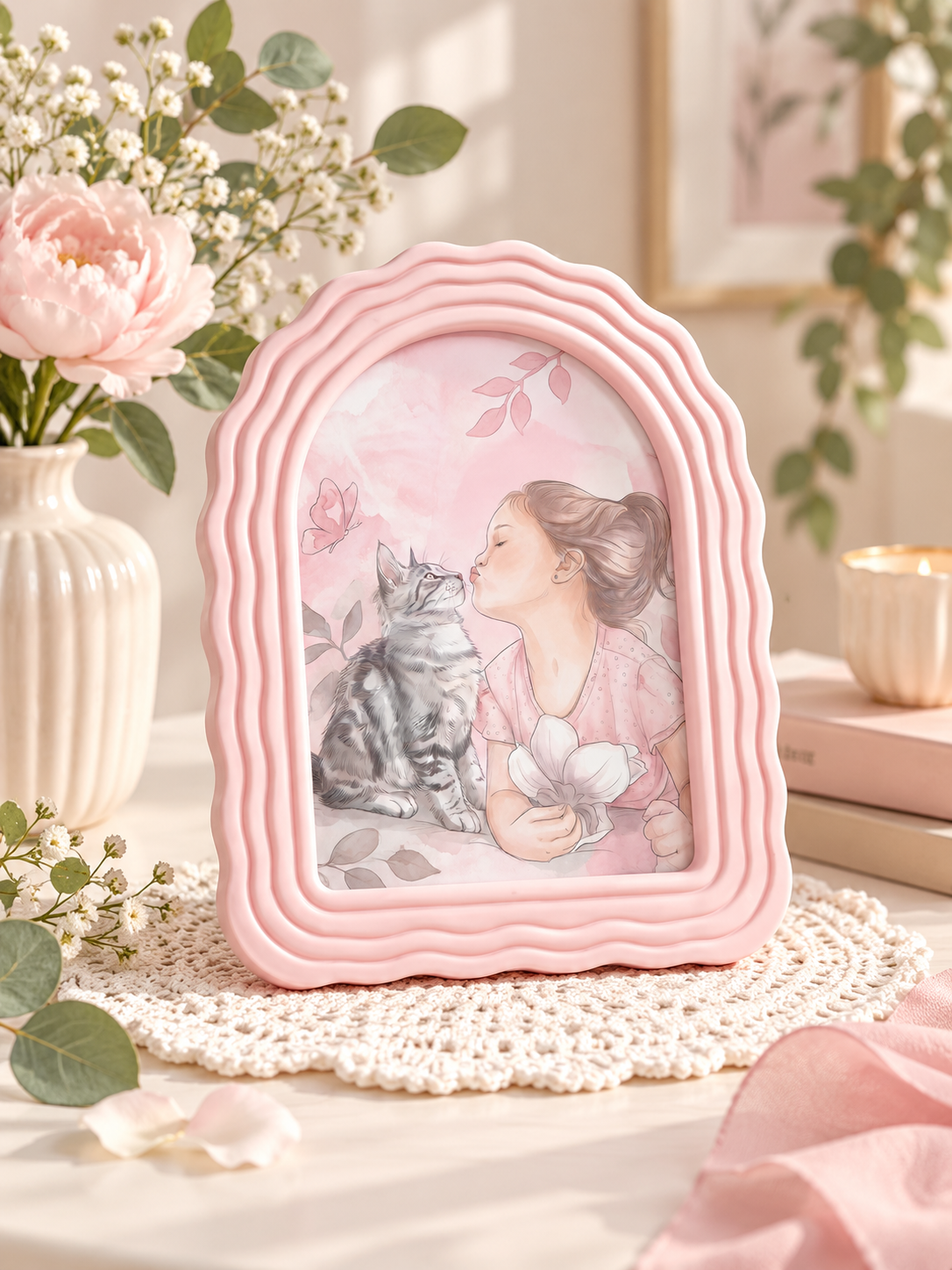 Blush pink wavy arch photo frame with pet and person artwork