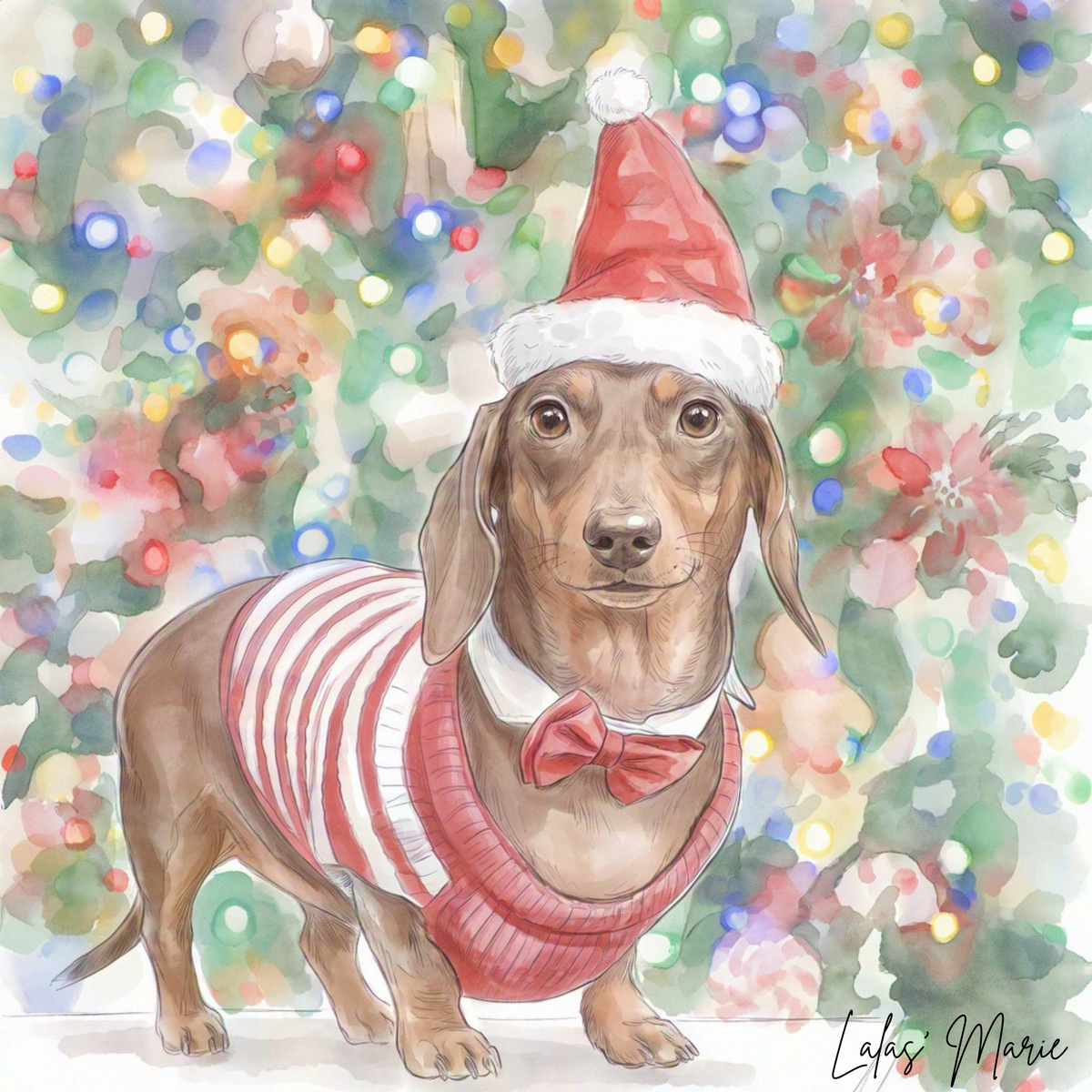 Custom Christmas portrait of a dachshund wearing a Santa hat and red striped jumper in front of festive lights