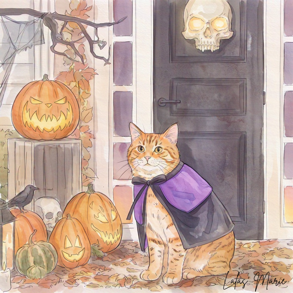 Custom Halloween portrait of an orange tabby cat in a purple cape surrounded by glowing pumpkins