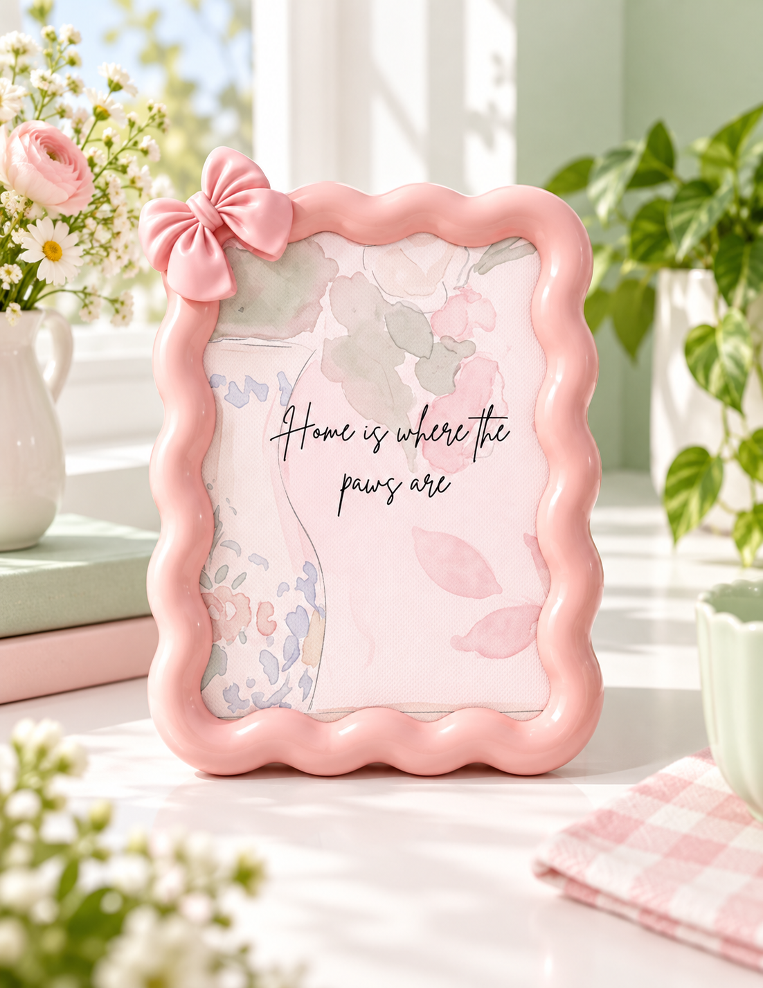 Pastel pink wavy bow frame 13.5 by 17.5 centimetres with custom pet artwork