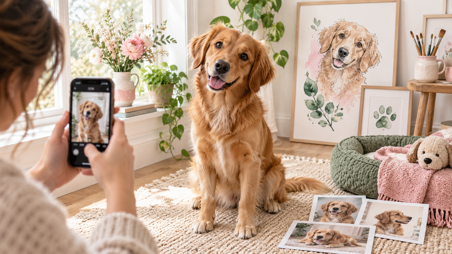 Photographing a golden retriever in natural window light for a custom pet portrait