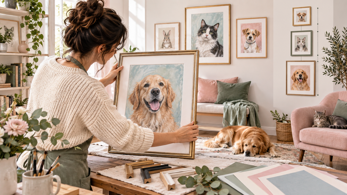 Framing and arranging printed pet portraits on a pastel gallery wall