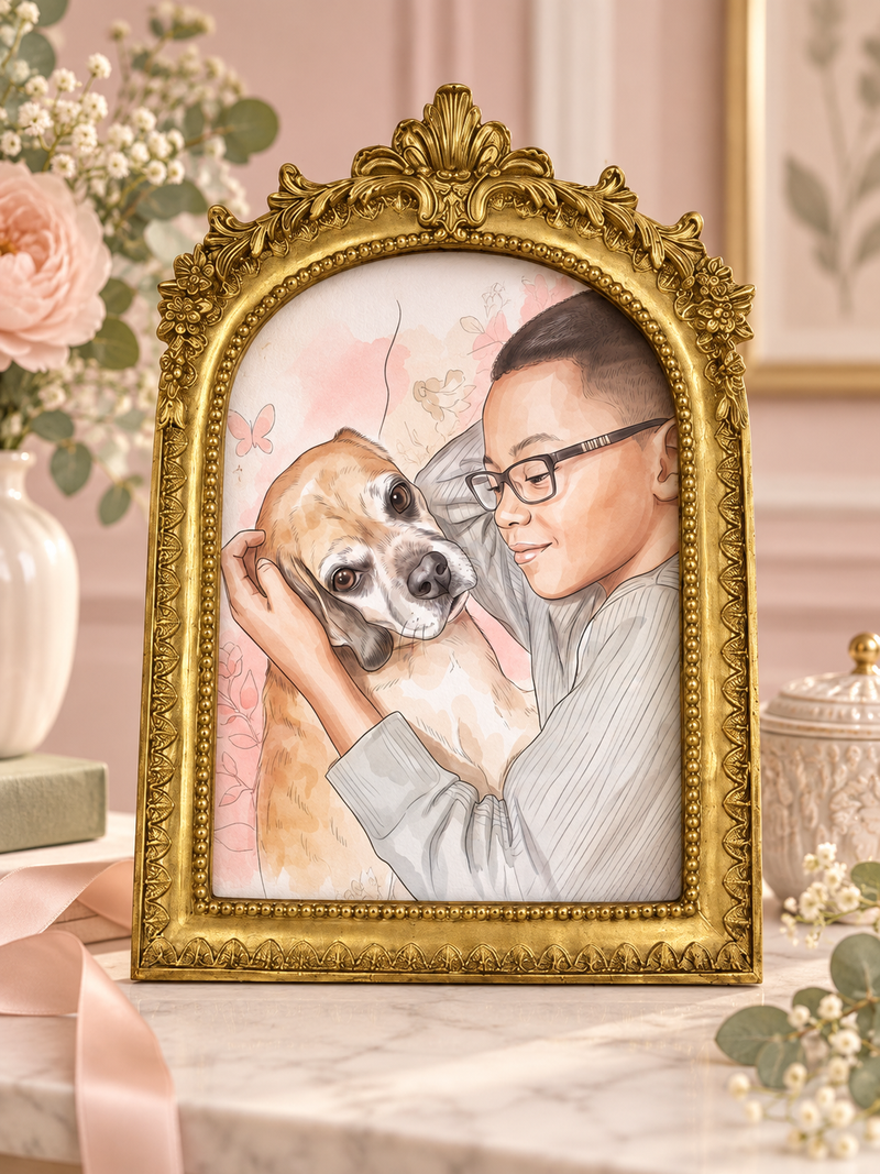 Antique gold ornate arched photo frame with pet portrait artwork