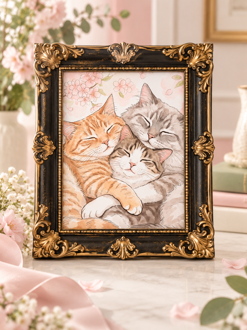 Black and gold baroque 5 by 7 photo frame with cat portrait artwork