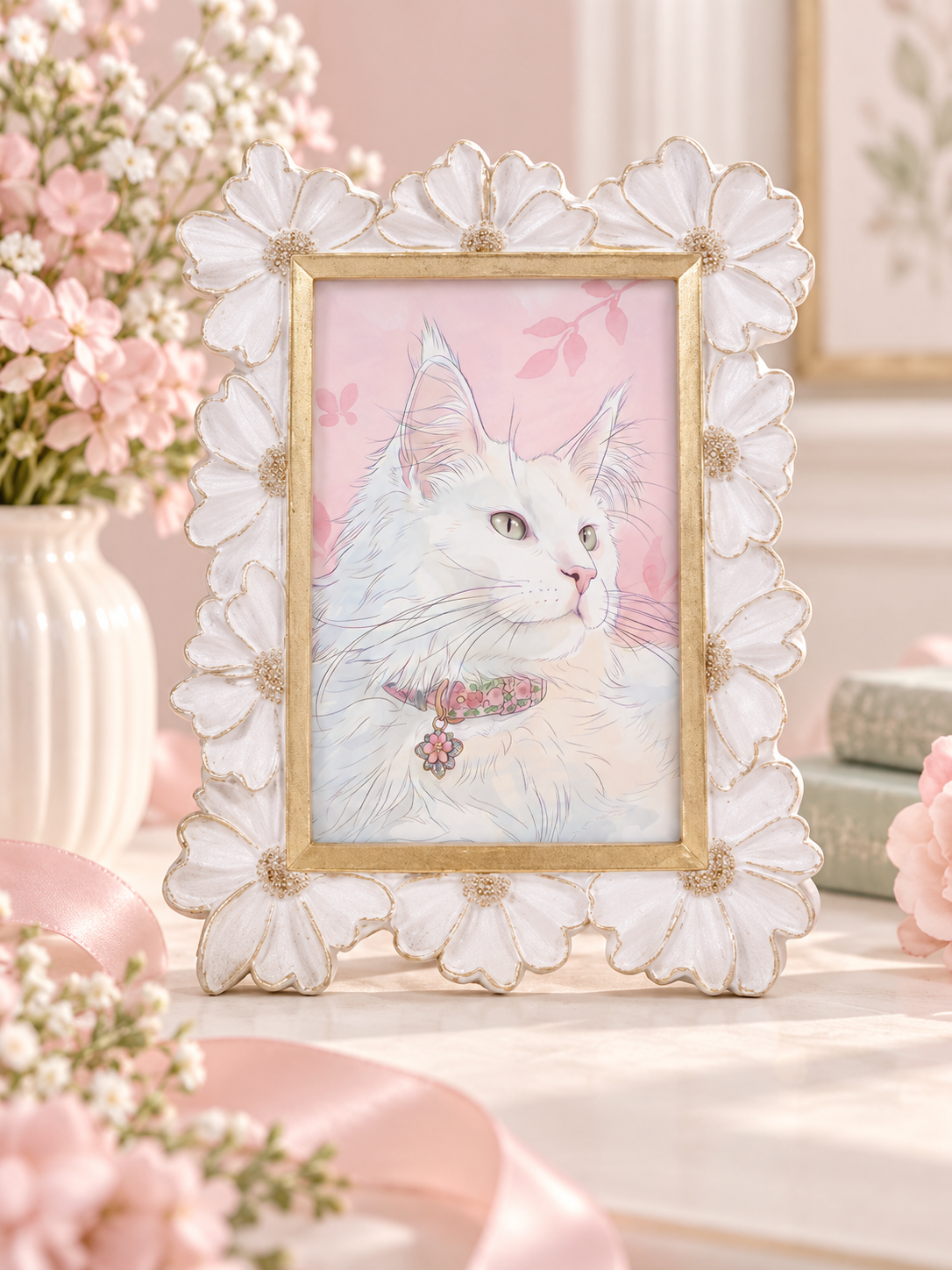 White daisy and gold floral photo frame with pet portrait artwork