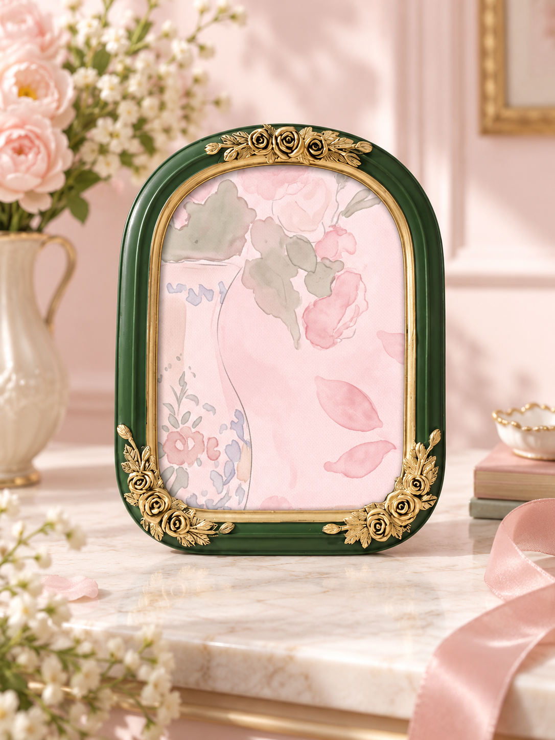 Green and gold rose arch photo frame with pet artwork