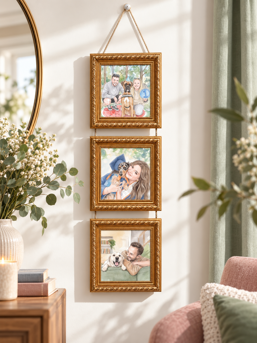 Gold linked gallery frames with separate complete portraits