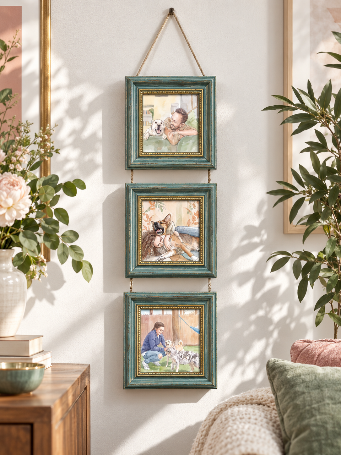 Green linked vintage photo frames with complete portraits