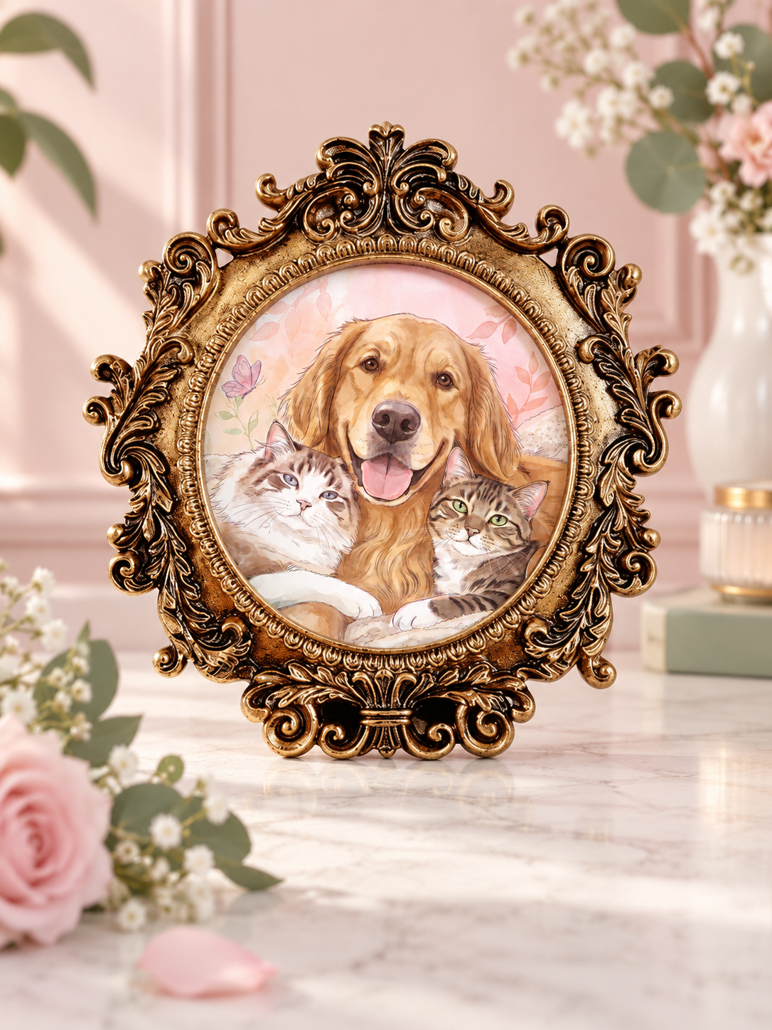 Ornate vintage gold carved photo frame with pet portrait artwork