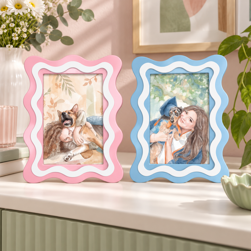 Pink and light blue dual-colour wavy 4 by 6 frames with separate complete portraits