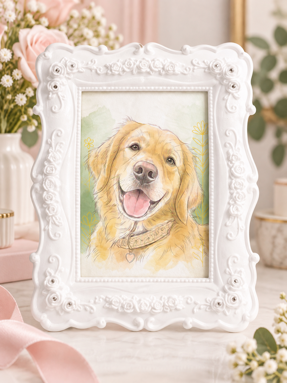 Ivory white rose embossed photo frame with dog portrait artwork