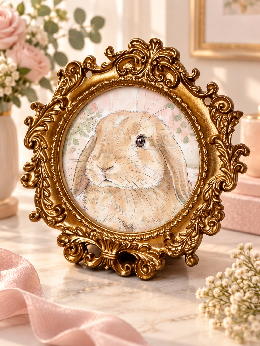 Round antique gold baroque photo frame with bunny artwork