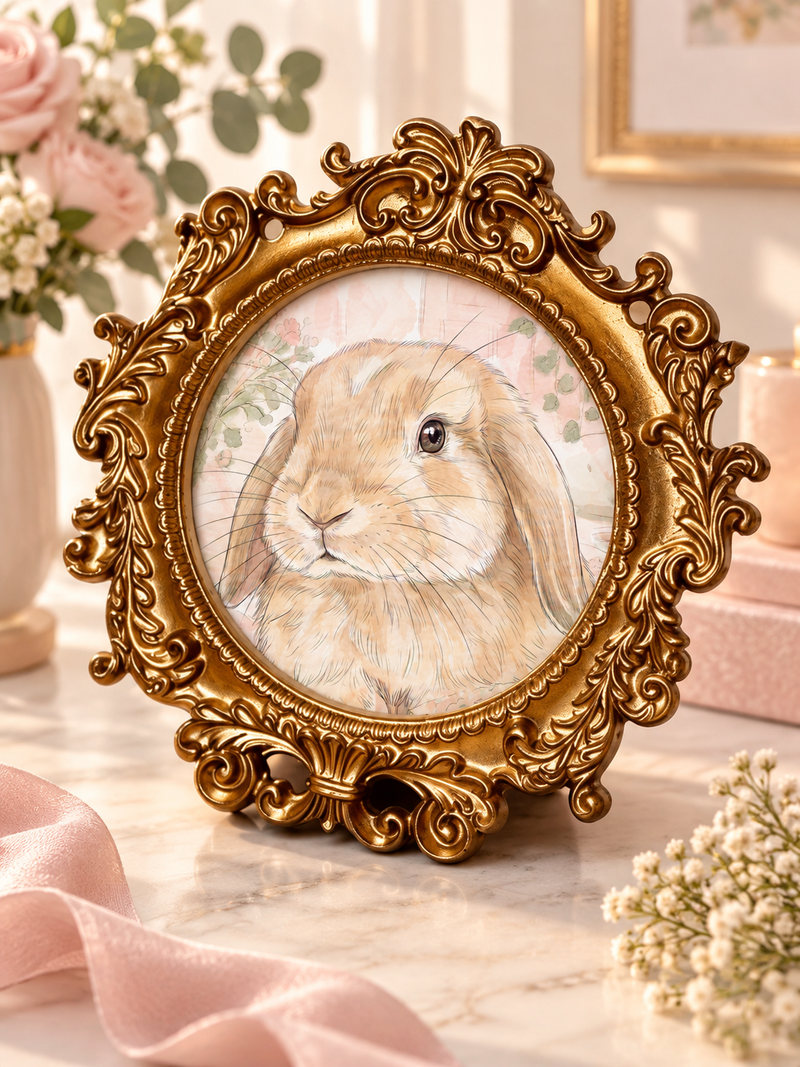Round antique gold baroque photo frame with bunny artwork