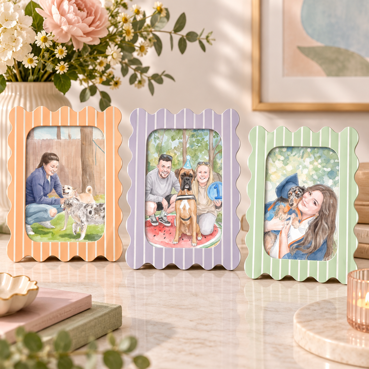 Orange lavender and mint striped scalloped 4 by 6 photo frames with separate complete portraits