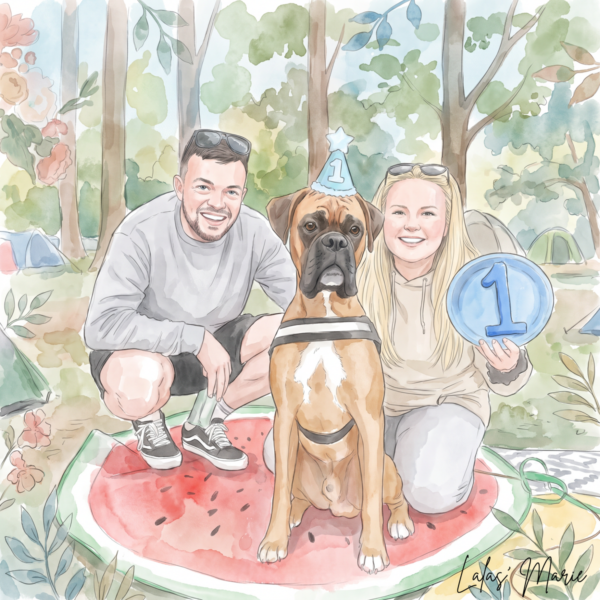 Custom first birthday portrait of a couple and their dog at a woodland picnic