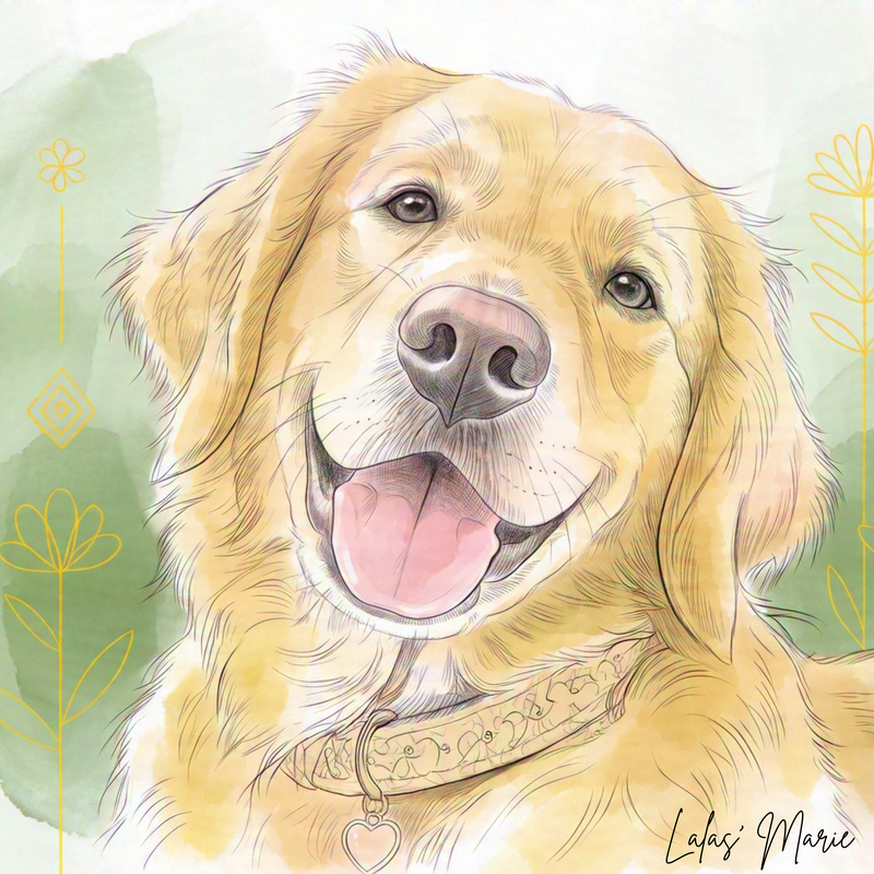 Custom golden retriever pet portrait with soft green floral background