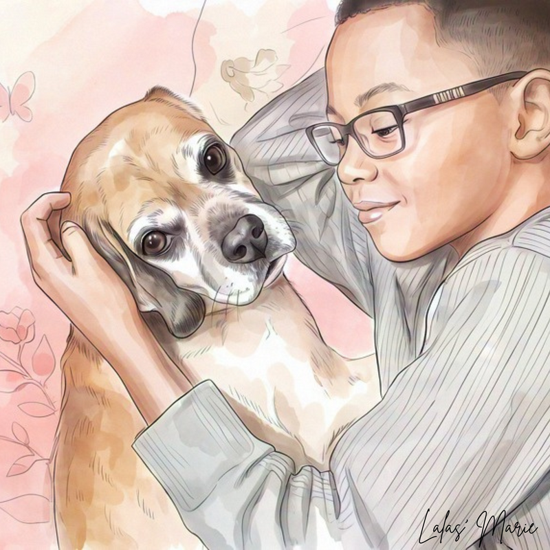 Custom hand-drawn portrait of a man cuddling his dog