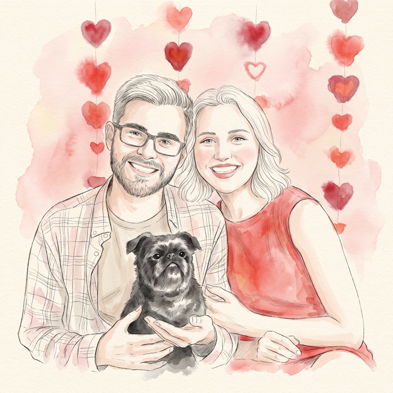 Custom Valentine’s portrait of a smiling couple with their black dog against a pink watercolour heart background