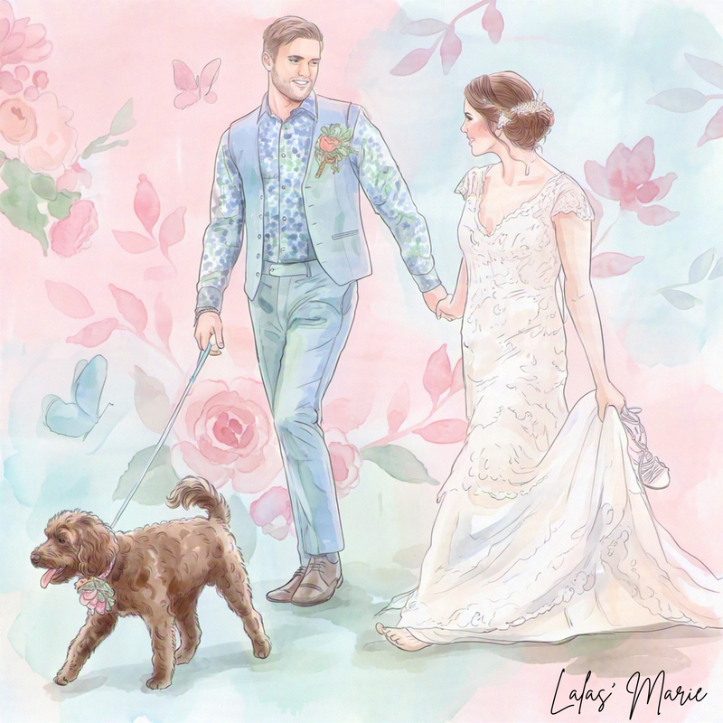 Custom wedding portrait of a bride, groom and their dog