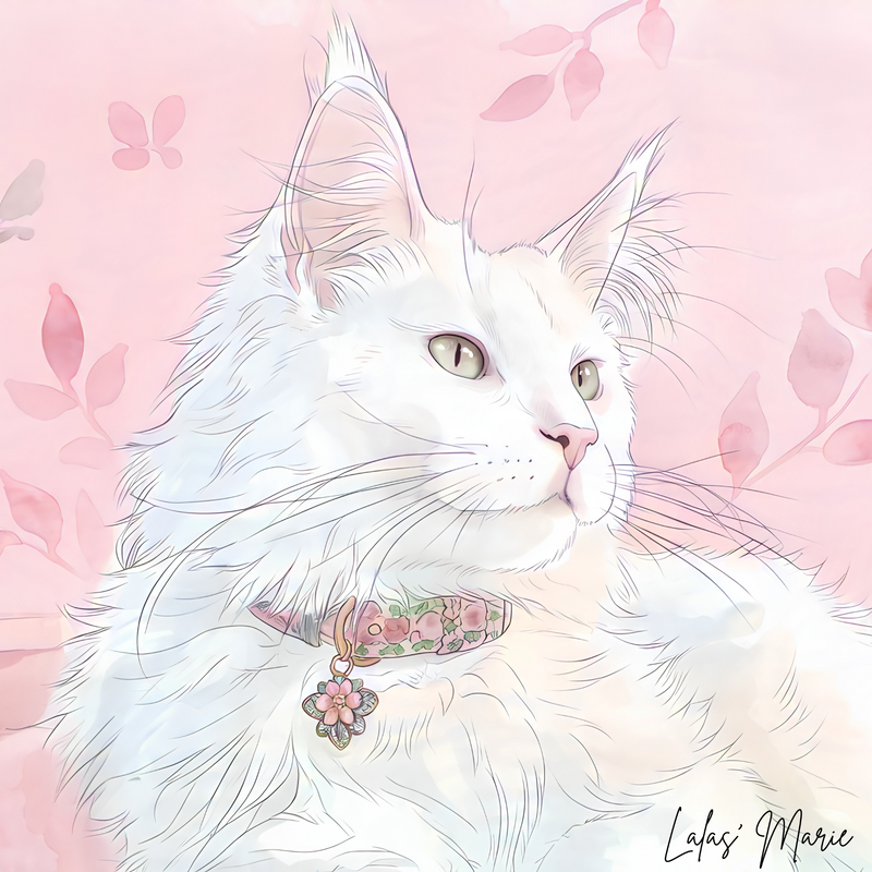 Custom white Maine Coon cat portrait with a pastel pink background