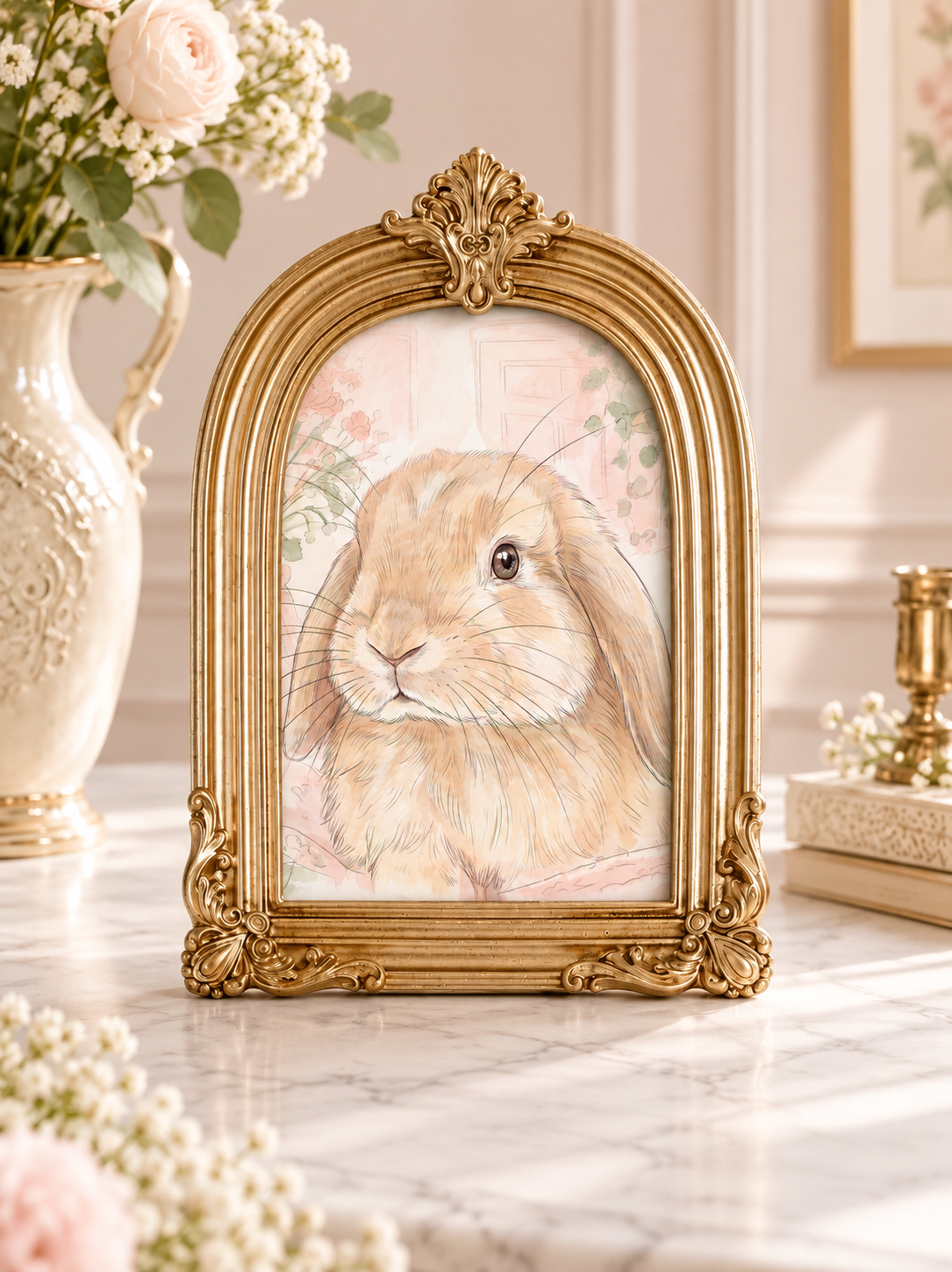 Gold baroque arched frame 5 by 7 inches with custom pet artwork