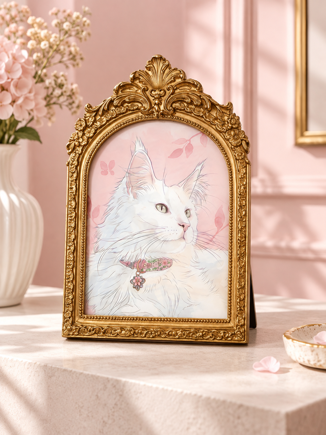 Gold floral arched frame 6 by 8 inches with custom pet artwork