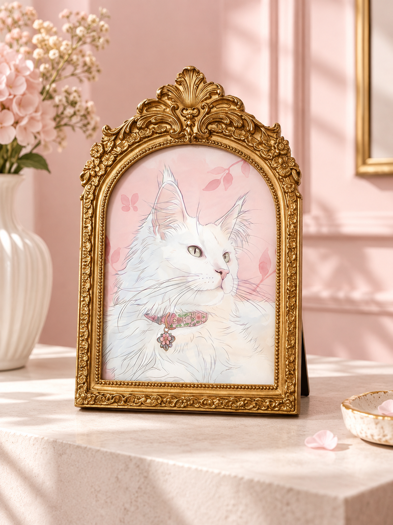 Gold floral arched frame 6 by 8 inches with custom pet artwork